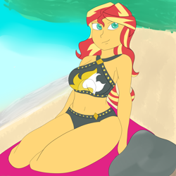 Size: 1280x1280 | Tagged: safe, artist:chibi-abel, imported from derpibooru, sunset shimmer, equestria girls, equestria girls series, forgotten friendship, beach, belly button, bikini, breasts, busty sunset shimmer, clothes, midriff, sideboob, swimsuit, towel