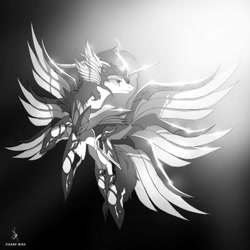 Size: 1500x1500 | Tagged: safe, artist:zidanemina, imported from derpibooru, oc, oc only, oc:infernia, alicorn, pony, unicorn, armor, crossover, female, flying, grayscale, mare, monochrome, multiple horns, multiple wings, saint seiya, six wings, solo, tricorn