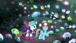 Size: 1920x1080 | Tagged: safe, imported from derpibooru, screencap, rainbow dash, rarity, pegasus, pony, unicorn, the end in friend, boots, cart, duo, female, gem, gem cave, glitter boots, grin, helmet, mare, mine, mining helmet, shoes, smiling