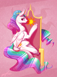 Size: 3000x4000 | Tagged: safe, artist:angusdra, imported from derpibooru, princess celestia, alicorn, pony, abstract background, featureless crotch, female, looking back, mare, solo, throne