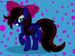 Size: 904x674 | Tagged: safe, artist:sugilitealpawolf, imported from derpibooru, oc, oc only, oc:skitzy, pegasus, pony, abstract background, bow, female, glasses, hair bow, ribbon, solo