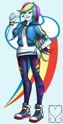 Size: 650x1277 | Tagged: safe, artist:srasomeone, imported from derpibooru, rainbow dash, human, equestria girls, equestria girls series, clothes, commission, converse, cutie mark background, hand on hip, hoodie, jacket, leggings, long hair, looking offscreen, shirt, shoes, simple background, smiling, sneakers, t-shirt, thumbs up, wristband