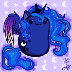 Size: 1600x1600 | Tagged: safe, artist:stainedglasslighthea, imported from derpibooru, princess luna, alicorn, pony, :3, abstract background, beady eyes, bean pony, chibi, colored wings, colored wingtips, constellation, crown, cute, female, jewelry, limbless, lunabetes, mare, potato pony, regalia, smiling, solo, spread wings, wat, wings