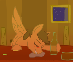 Size: 840x715 | Tagged: safe, artist:toastytop, imported from derpibooru, oc, oc only, oc:paper study, pegasus, pony, alcohol, bar, beer, blushing, brown mane, drool, drunk, night, orange fur, passed out, solo