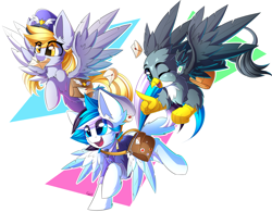 Size: 3968x3100 | Tagged: safe, artist:kaleido-art, imported from derpibooru, derpy hooves, gabby, oc, oc:trailblazer, griffon, pegasus, pony, bag, letter, mail, mouth hold, one eye closed, saddle bag, trio, wink