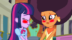 Size: 2000x1125 | Tagged: safe, artist:bigpurplemuppet99, imported from derpibooru, saffron masala, twilight sparkle, equestria girls, afro, alternate clothes, alternate hairstyle, blushing, female, lesbian, shipping, twiffron