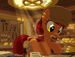 Size: 800x600 | Tagged: safe, artist:rangelost, imported from derpibooru, oc, oc only, oc:brass bolts, pony, unicorn, coffee, colored, crepuscular rays, cutie mark, daybreak island, detailed background, ear piercing, earring, female, gears, hairband, hat, jewelry, mare, mouth hold, piercing, pixel art, screwdriver, solo, tail band, tools, workshop