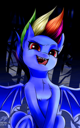 Size: 2500x4000 | Tagged: safe, artist:azerta56, edit, editor:dreamy orange, editor:the dreaded, imported from derpibooru, rainbow dash, pony, secrets and pies, bat wings, chest fluff, evil pie hater dash, female, high res, looking at you, mare, open mouth, sharp teeth, solo, spread wings, teeth, tongue out, underhoof, wings