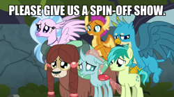 Size: 600x337 | Tagged: safe, edit, edited screencap, imported from derpibooru, screencap, gallus, ocellus, sandbar, silverstream, smolder, yona, school daze, cute, diaocelles, diastreamies, gallabetes, image macro, meme, puppy dog eyes, sandabetes, smolderbetes, spin off, student six, yonadorable