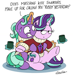 Size: 1529x1578 | Tagged: safe, artist:bobthedalek, imported from derpibooru, firelight, starlight glimmer, pony, unicorn, clothes, daughters gonna daughter, empathy cocoa, father and daughter, fathers gonna father, female, justice, kite, magic, male, mug, nervous, smug, smuglight glimmer, sweatdrop, sweater, telekinesis