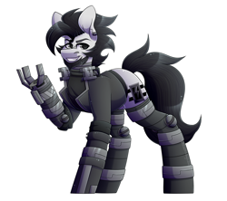 Size: 1870x1660 | Tagged: safe, artist:black-magic101, imported from derpibooru, oc, oc only, oc:blackout, pony, amputee, cyberpunk, prosthetic arm, prosthetic limb, prosthetics, robotic legs, solo