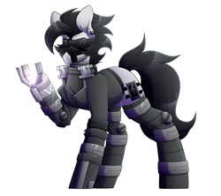 Size: 1870x1660 | Tagged: safe, artist:black-magic101, imported from derpibooru, oc, oc only, oc:blackout, pony, amputee, cyberpunk, electricity, mask, prosthetic arm, prosthetic limb, prosthetics, robotic legs, solo