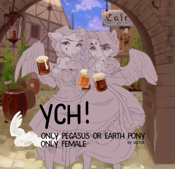 Size: 3027x2925 | Tagged: safe, artist:zlatavector, deleted from derpibooru, imported from derpibooru, oc, oc only, anthro, advertisement, alcohol, anthro oc, auction, beer, clothes, commission, dress, duo, female, high res, mare, ych example, your character here