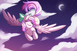 Size: 3000x2000 | Tagged: safe, artist:yukiin, imported from derpibooru, oc, oc only, oc:iridescent flings, pegasus, pony, bow, cloud, commission, crescent moon, digital art, eyes closed, female, flying, hair bow, happy, high res, looking sideways, mare, moon, multicolored hair, multicolored mane, multicolored tail, night, open mouth, signature, sky, smiling, solo, spread wings, transparent moon, wings, ych result