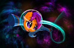 Size: 2142x1398 | Tagged: safe, artist:xbi, imported from derpibooru, scootaloo, pony, astronaut, female, jet stream, jetpack, scootaloo can fly, smiling, solo, space, spacesuit, tabun art-battle