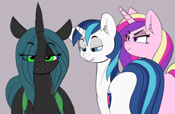 Size: 1280x833 | Tagged: safe, artist:pabbley, edit, imported from derpibooru, princess cadance, queen chrysalis, shining armor, alicorn, changeling, changeling queen, pony, 30 minute art challenge, distracted boyfriend meme, eye clipping through hair, female, imminent threesome, inverted mouth, male, meme, shining chrysalis, shiningcadance, shipping, smiling, smirk, smug, stallion, straight, this will end in a night of three-player twister, this will end in a night on the couch