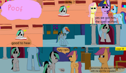 Size: 3648x2112 | Tagged: safe, artist:mellowbomb, imported from derpibooru, fluttershy, rainbow dash, scootaloo, twilight sparkle, oc, oc:closingrain, comic:calamity fateful, 1000 hours in ms paint, dialogue