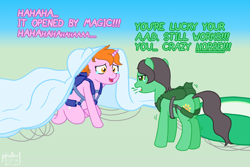 Size: 1500x1000 | Tagged: safe, artist:phallen1, imported from derpibooru, oc, oc only, oc:maya northwind, oc:sadie michaels, earth pony, pony, unicorn, angry, atg 2018, covered, crying, dialogue, nervous laugh, newbie artist training grounds, parachute, ponified oc, reserve parachute, skydiving, tears of anger, tears of relief, teary eyes, yelling