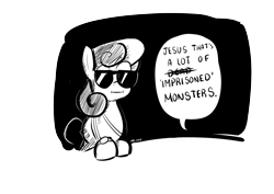 Size: 1748x1240 | Tagged: safe, artist:christheblue, imported from derpibooru, bon bon, sweetie drops, earth pony, pony, black and white, dead monsters, doom, female, grayscale, meme, monochrome, secret agent sweetie drops, simple background, solo, transparent background