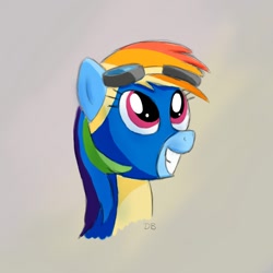 Size: 1400x1400 | Tagged: safe, artist:werdkcub, imported from derpibooru, rainbow dash, pony, newbie dash, atg 2018, bust, clothes, female, goggles, happy, newbie artist training grounds, portrait, smiling, solo, uniform, wonderbolts uniform