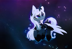 Size: 2478x1700 | Tagged: safe, artist:magnaluna, imported from derpibooru, princess luna, alicorn, pony, better source needed, collar, cute, female, flying, horn, lunabetes, pale belly, regal, solo, stars, wings