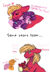 Size: 664x955 | Tagged: safe, artist:piidorenko, artist:vovanpetuh, imported from derpibooru, applejack, big macintosh, pinkie pie, sugar belle, oc, oc:red wine, pony, unicorn, applepie, father and son, female, holding a pony, implied applepie, implied divorce, implied lesbian, implied shipping, lesbian, male, missing accessory, neck nuzzle, offspring, pacifier, parent:big macintosh, parent:sugar belle, parents:sugarmac, shipping, simple background, straight, sugarmac, white background