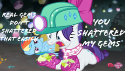 Size: 1280x720 | Tagged: safe, edit, edited screencap, imported from derpibooru, screencap, rainbow dash, rarity, pegasus, pony, unicorn, the end in friend, boots, duo, female, gem cave, glitter boots, helmet, mare, mining helmet, neckerchief, shattered, shoes, text