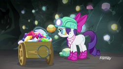 Size: 1920x1080 | Tagged: safe, imported from derpibooru, screencap, rarity, pony, unicorn, the end in friend, boots, cart, female, gem, gem cave, glitter boots, helmet, loupe, magic, mare, mining helmet, neckerchief, shoes, solo