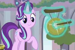 Size: 855x572 | Tagged: safe, imported from derpibooru, screencap, starlight glimmer, pony, unicorn, a matter of principals, animated, cute, female, glimmerbetes, glowing horn, gong, magic, mare, smiling, solo, song of my people