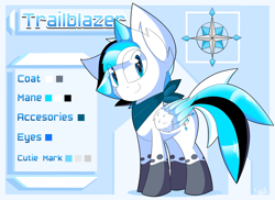 Size: 3570x2600 | Tagged: safe, artist:kaleido-art, imported from derpibooru, oc, oc only, oc:trailblazer, pegasus, pony, bandana, blue eyes, caption, clothes, coat markings, cute, cutie mark, ear fluff, english, looking at you, male, reference sheet, side view, sidemouth, simple background, smiling, socks (coat marking), socks (coat markings), solo, stallion, standing, wings
