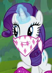 Size: 500x693 | Tagged: safe, imported from derpibooru, screencap, rarity, pony, unicorn, the end in friend, bandana, cropped, female, glowing horn, mare, solo