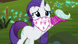 Size: 1280x720 | Tagged: safe, imported from derpibooru, screencap, rarity, pony, unicorn, the end in friend, azurantium, bandana, boots, effervescence, female, glitter boots, mare, shoes, solo, sparkles