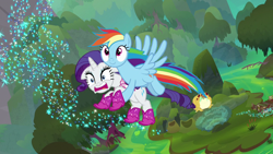 Size: 1280x720 | Tagged: safe, imported from derpibooru, screencap, rainbow dash, rarity, bufogren, pegasus, pony, unicorn, the end in friend, boots, female, flying, glitter boots, mare, shoes, swamp