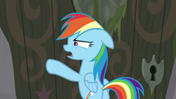 Size: 1280x720 | Tagged: safe, imported from derpibooru, screencap, rainbow dash, pegasus, pony, the end in friend, butt, door, female, keyhole, mare, open mouth, plot, solo