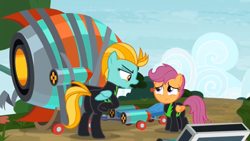 Size: 1366x768 | Tagged: safe, imported from derpibooru, screencap, lightning dust, scootaloo, pegasus, pony, the washouts (episode), duo, duo female, female, filly, foal, mare, pint-sized dynamite, rocket, spandex, washouts uniform