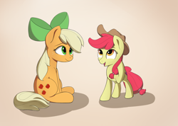 Size: 3716x2649 | Tagged: safe, artist:whiskeypanda, derpibooru exclusive, imported from derpibooru, apple bloom, applejack, earth pony, pony, accessory swap, alternate hairstyle, cowboy hat, duo, duo female, female, filly, hat, mane swap, mare, ribbon, simple background, sisters, sitting, smiling, stetson