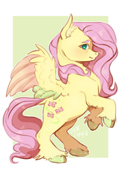 Size: 1280x1798 | Tagged: safe, artist:datasgay, artist:roscoethepotatoman, imported from derpibooru, fluttershy, pegasus, pony, abstract background, colored hooves, colored wings, cutie mark, ear fluff, female, looking at you, mare, profile, rearing, smiling, solo, spread wings, wings