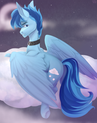 Size: 1848x2346 | Tagged: safe, artist:velirenrey, imported from derpibooru, oc, oc only, oc:happy dream, pegasus, pony, cloud, collar, cutie mark, looking at you, male, solo