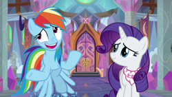 Size: 1280x720 | Tagged: safe, imported from derpibooru, screencap, rainbow dash, rarity, pegasus, pony, unicorn, the end in friend, door, duo, female, mare, neckerchief, school of friendship