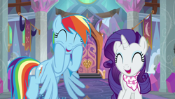 Size: 1280x720 | Tagged: safe, imported from derpibooru, screencap, rainbow dash, rarity, pegasus, pony, unicorn, the end in friend, cute, dashabetes, duo, eyes closed, female, flying, happy, laughingmares.jpg, mare, open mouth, raribetes, smiling