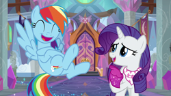 Size: 1280x720 | Tagged: safe, imported from derpibooru, screencap, rainbow dash, rarity, pegasus, pony, unicorn, the end in friend, cute, dashabetes, duo, eyes closed, female, flying, happy, laughing, laughingmares.jpg, mare, open mouth, raribetes, smiling, spread wings, wings