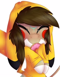 Size: 2229x2853 | Tagged: safe, artist:donutnerd, imported from derpibooru, oc, oc only, oc:rune, pegasus, pikachu, pony, blushing, clothes, costume, cute, donut, eyes closed, female, fluffy, food, happy, hoodie, kigurumi, mare, plushie, pokémon, pokémon red and blue, smiling, snuggling, solo, sweatshirt, warm, young