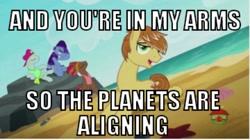 Size: 627x350 | Tagged: safe, edit, edited screencap, imported from derpibooru, screencap, feather bangs, glamor trot, smooth vibes, stereo mix, hard to say anything, chop away at my heart, image macro, meme, milo murphy's law, reference, text, treehouse logo
