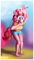 Size: 1080x1920 | Tagged: safe, artist:stann.co, imported from derpibooru, pinkie pie, anthro, plantigrade anthro, belly button, clothes, cream, cupcake, digital art, food, midriff, muffin, painting, photoshop, pie, pinup, short shirt, shorts, sugarcube corner, whipped
