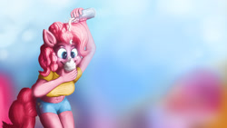 Size: 1920x1080 | Tagged: safe, artist:stann.co, imported from derpibooru, pinkie pie, anthro, belly button, clothes, cream, cupcake, digital art, food, midriff, muffin, painting, photoshop, pie, pinup, short shirt, shorts, sugarcube corner, wallpaper, whipped