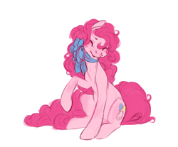 Size: 740x614 | Tagged: safe, artist:noel, imported from derpibooru, pinkie pie, earth pony, pony, cute, eyes closed, female, mare, neck bow, one hoof raised, raised hoof, simple background, smiling, solo