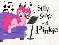 Size: 1006x768 | Tagged: artist needed, safe, edit, imported from derpibooru, pinkie pie, couch, love my lips, silly songs, silly songs with pinkie, title card, veggietales