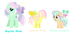 Size: 1060x497 | Tagged: safe, artist:andy-hazards, artist:hazardous-andy, imported from derpibooru, oc, oc only, oc:candy wrapper, oc:lemony tang, oc:mystic mint, earth pony, pegasus, pony, unicorn, adopted offspring, base used, female, filly, hair over eyes, magical lesbian spawn, mare, offspring, parent:bon bon, parent:lyra heartstrings, parents:lyrabon, simple background, transparent background