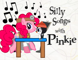 Size: 1006x768 | Tagged: artist needed, safe, edit, imported from derpibooru, pinkie pie, bird, earth pony, penguin, pony, doctor, littlest pet shop, parker penguin, silly songs, silly songs with pinkie, title card, veggietales