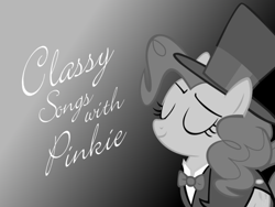 Size: 800x600 | Tagged: artist needed, safe, artist:ianandart-back-up, edit, imported from derpibooru, pinkie pie, earth pony, pony, black and white, bowtie, clothes, fancy text, female, grayscale, happy, hat, larry's high silk hat, mare, monochrome, silly songs, silly songs with pinkie, solo, top hat, tuxedo, veggietales